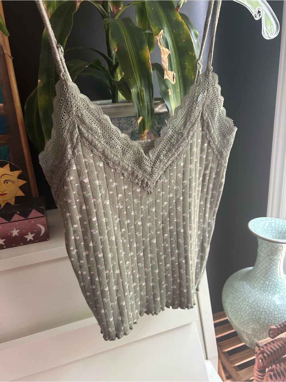 American Eagle Lace Trim Ribbed Cami Tank Top Floral Green Women’s Small Y2K